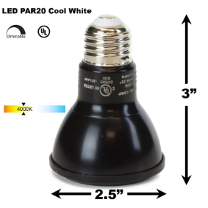 7W LED PAR20 Light Bulb 4000K Cool White - Black Finish  PAR20 LED Bulb, LED Bulbs, Light Bulbs, PAR20, PAR, LED,  Cool White, 4000K, LB-3000-BK-4K