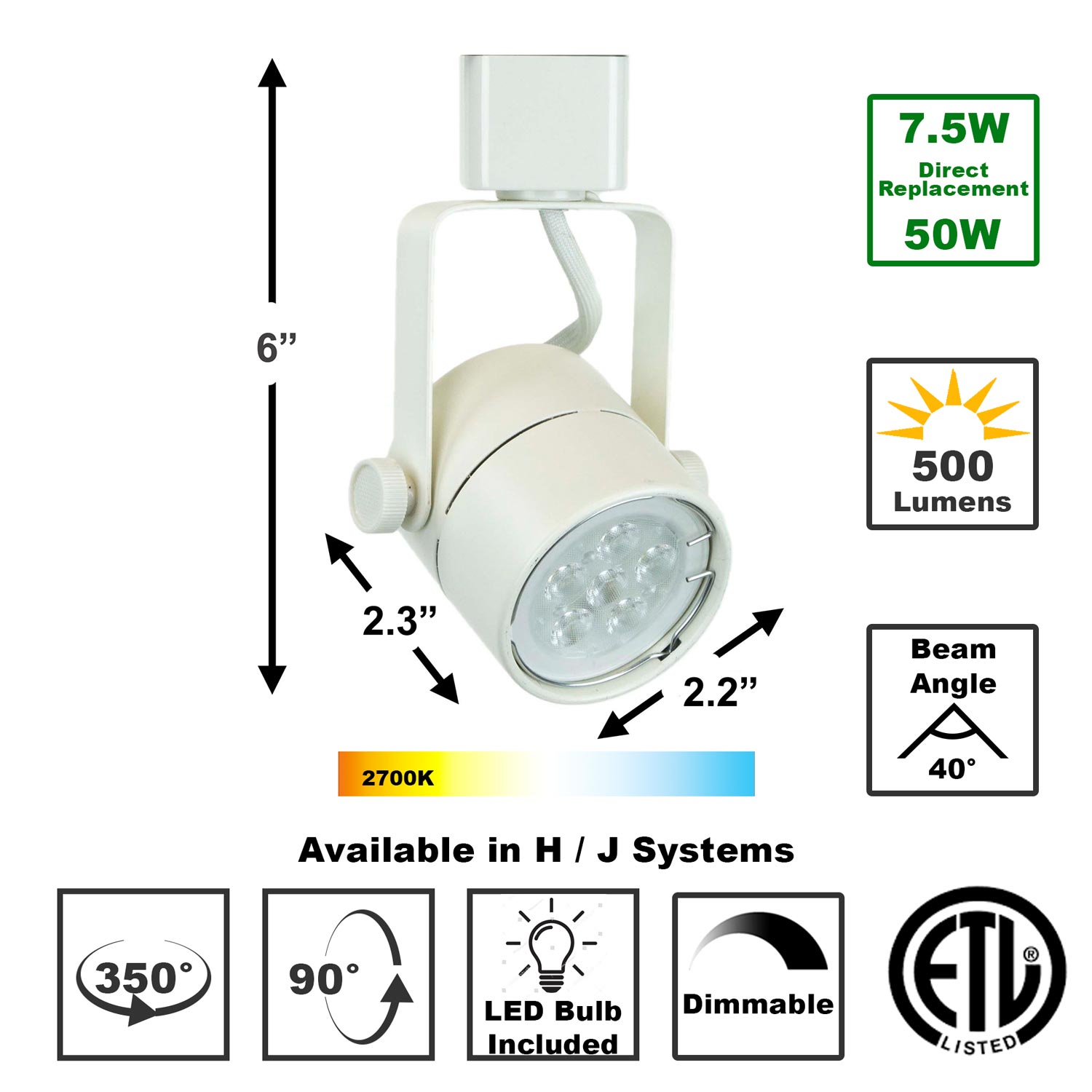 LED Track Lighting Kit White Finish GU10 7W 2700K LED Bulb 50163-3KIT ...