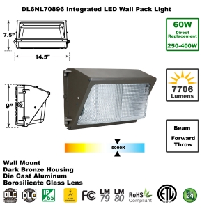Integrated 60W LED Wall Pack Light DLC Rated Dark Bronze  LED Wall Pack, LED Wall Pack Flood Lights, Exterior LED Wall Pack, LED Outdoor, Wallpacks, Security Lights, Commercial, 277, 120, 60 Watt, 70 Watt, 250Watt, 400Watt, HID, Metal Halide Replacement, Direct-Lighting, 7089, DL6NL70896