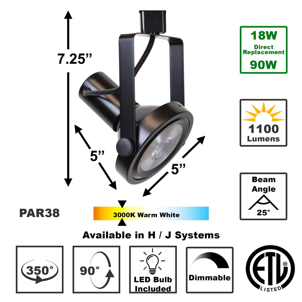 Rear Loading Gimbal Ring LED Track Lighting Fixture Black Finish PAR38 ...